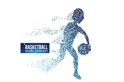 Basketball Player Silhouette Vector. Halftone. Dynamic Basketball Athlete. Flying Dotted Particles. Sport Banner Concept. Isolated Abstract Lifestyle Illustration