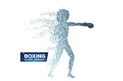 Boxing Player Silhouette Vector. Halftone Dots. Dynamic Boxing Athlete In Action. Flying Dotted Particles. Sport Banner Concept. Isolated Abstract Illustration