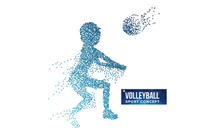 Volleyball Player Silhouette Vector. Grunge Halftone Dots. Dynamic Volleyball Athlete In Action. Dotted Particles. Sport Banner&2C; Game&2C; Event Concept. Isolated Abstract Illustration