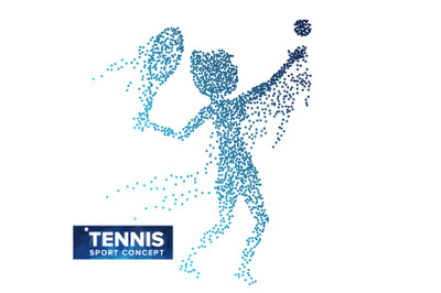 Tennis Player Silhouette Vector. Halftone Dots. Dynamic Tennis Athlete In Action. Flying Dotted Particles. Sport Banner&2C; Game Competitions Concept. Isolated Abstract Lifestyle Illustration