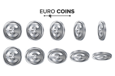 Money. Euro 3D Silver Coins Vector Set. Realistic Illustration. Flip Different Angles. Money Front Side. Investment Concept. Finance Coin Icons, Sign, Success Banking Cash Symbol. Currency Isolated