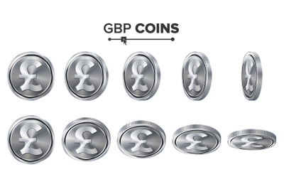 Money. GBP 3D Silver Coins Vector Set. Realistic Illustration. Flip Different Angles. Money Front Side. Investment Concept. Finance Coin Icons, Sign, Success Banking Cash Symbol. Currency Isolated