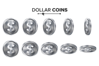 Money. Dollar 3D Silver Coins Vector Set. Realistic Illustration. Flip Different Angles. Money Front Side. Investment Concept. Finance Coin Icons, Sign, Success Banking Cash Symbol. Currency Isolated