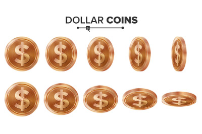 Money. Dollar 3D Copper Coins Vector Set. Realistic Illustration. Flip Different Angles. Money Front Side. Investment Concept. Finance Coin Icons, Sign, Success Banking Cash Symbol. Currency Isolated