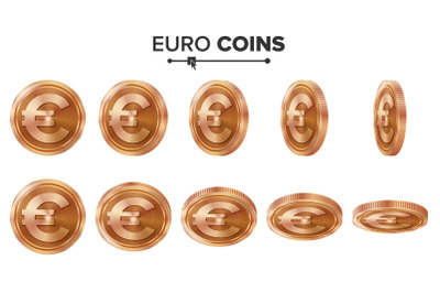 Money. Euro 3D Copper Coins Vector Set. Realistic Illustration. Flip Different Angles. Money Front Side. Investment Concept. Finance Coin Icons, Sign, Success Banking Cash Symbol. Currency Isolated