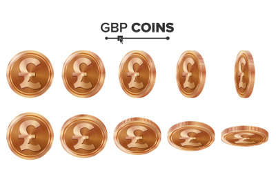 Money. GBP 3D Copper Coins Vector Set. Realistic Illustration. Flip Different Angles. Money Front Side. Investment Concept. Finance Coin Icons, Sign, Success Banking Cash Symbol. Currency Isolated