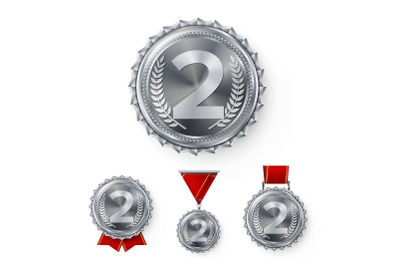 Champion Silver Medals Set Vector. Metal Realistic 2nd Placement Winner Achievement. Number Two. Round Medal With Red Ribbon. Relief Detail. Best Challenge Award. Sport Competition Game Chrome Trophy