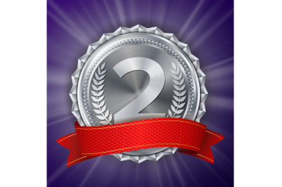 Silver Medal Vector. Round Championship Label. Ceremony Winner Honor Prize. Red Ribbon. Realistic Illustration.