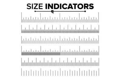 Size Indicator Set Vector. Ruler Scale Distances. Graduation. Size Indicator Units. Centimeter And Inches. Isolated Illustration