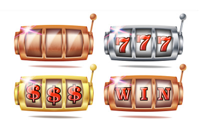 Slot Machine Set Vector. 777. Golden, Silver, Bronze. Gambling Poster. Spin Object. Spin Machine Template. Casino Illustration