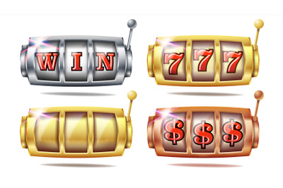 Slot Machine Set Vector. 777. Big Win Banner Element. Golden, Silver, Bronze. Spin Machine Template. Fortune Jackpot Casino Illustration