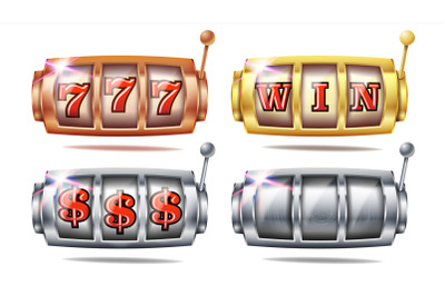 Slot Machine Set Vector. 777. Bingo Background Design. Spin Wheel. Fortune Jackpot. Golden&2C; Silver&2C; Bronze. Casino Illustration