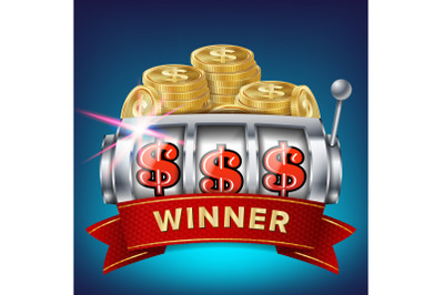 Slot Machine Banner Vector. Win Jackpot In Game Slot Machine. Brochure. Big Win Banner. Casino Illustration