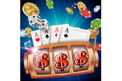 Casino Slot Machine Banner Vector. Spin Wheel. Brochure. Casino Concept With Slot Machine. Illustration