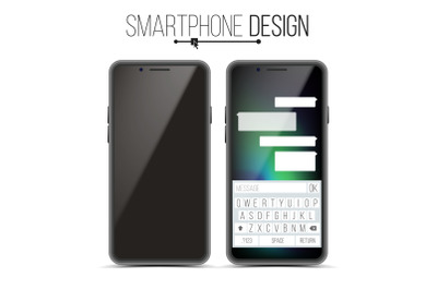 Smartphone Mockup Design Vector. Black Modern Trendy Mobile Phone Front View. Isolated On White Background. Realistic 3D Illustration