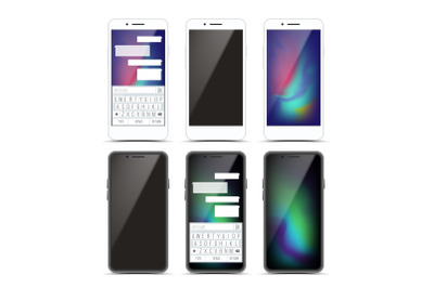 Smartphone Mockup Set Design Vector. Black And White Modern Trendy Mobile Phone Front View. Isolated On White Background. Realistic 3D Illustration