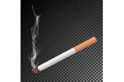 Realistic Cigarette With Smoke Vector. Isolated Illustration. Burning Classic Smoking Cigarette On Transparent Background.