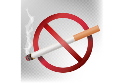 No Smoking Sign Vector. Illustration Isolated On Transparent Background. Cigarette With Smoke And Red No Smoking Area Label Symbol.