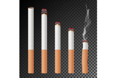 Cigarette Set Vector. Realistic Cigarette Butt. Different Stages Of Burn. Isolated Illustration. Burning Classic Smoking Cigarette On Transparent Background.