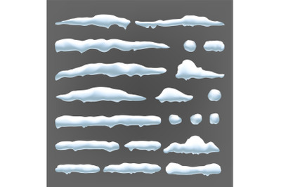 Snow Caps Vector. Snowball And Snowdrift Winter Decoration. Frozen Effect Isolated Illustration