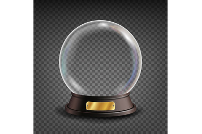 Empty Snow Globe Vector. Shadows, Reflection And Lights. Glass Sphere On A Stand. Isolated On Transparent Background Illustration