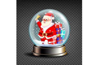 Christmas Snowglobe Vector. Santa Claus Ringing Bell And Smiling. Glossy Dome. Magic Xmas Holiday Souvenir. Transparent Background . Realistic Illustration