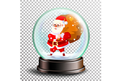 Christmas Snowglobe Vector. Cute Santa Claus With Gifts. Sphere Ball. Crystal Glass Empty Ball. Transparent Background . Realistic Illustration