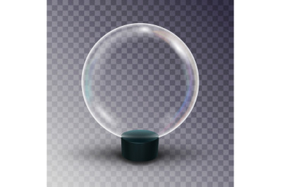 Empty Snow Globe Vector. Shadows, Reflection And Lights. Glass Sphere On A Stand. Isolated On Transparent Background Illustration