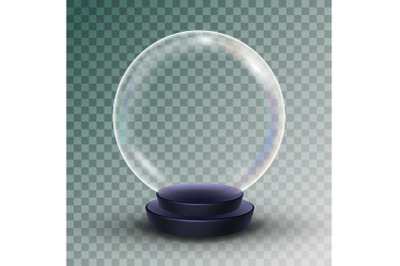 Empty Snow Globe Vector. Shadows, Reflection And Lights. Glass Sphere On A Stand. Isolated On Transparent Background Illustration