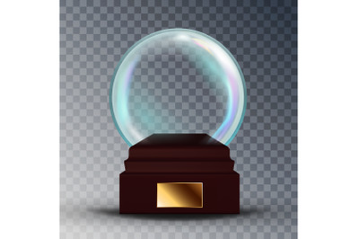 Empty Snow Globe Vector. Shadows, Reflection And Lights. Glass Sphere On A Stand. Isolated On Transparent Background Illustration