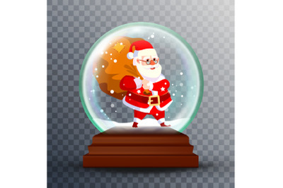 Christmas Snow Globe Realistic Vector. Cute Santa Claus With Gifts. Realistic 3d Snow Globe Toy. Winter Xmas Design Element. Isolated On Transparent Background Illustration