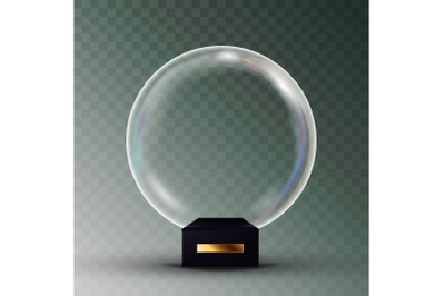 Empty Snow Globe Vector. Shadows, Reflection And Lights. Glass Sphere On A Stand. Isolated On Transparent Background Illustration