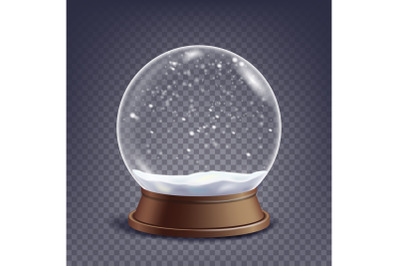 Xmas Empty Snow Globe Vector. Winter Christmas Design Element.Glass Sphere On A Stand. Isolated On Transparent Background Illustration