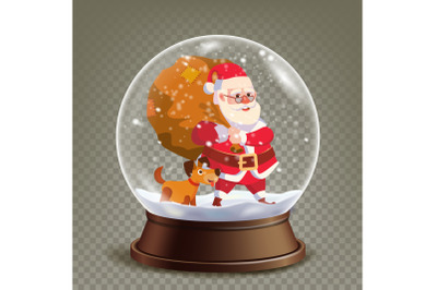 Christmas Snow Globe Realistic Vector. Cute Santa Claus With Gifts. Realistic 3d Snow Globe Toy. Winter Xmas Design Element. Isolated On Transparent Background Illustration