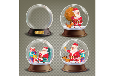 Christmas Snow Globe With Santa Claus And Gifts Vector. Realistic 3d Snow Globe Toy. Winter Xmas Design Element. Isolated On Transparent Background Illustration