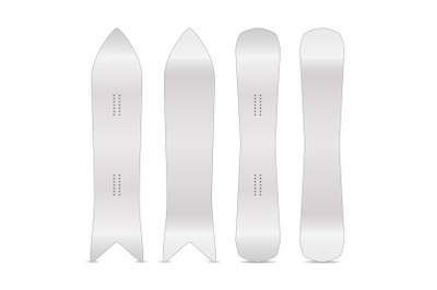 Snowboard Realistic Blank Set Vector. Empty Clean White Snowboards Template. Front, Back Sides. Different Types. Isolated Illustration