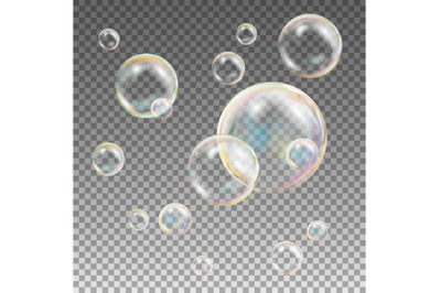 Soap Bubbles Vector. Rainbow Reflection Soap Bubbles. Aqua Wash. Isolated Illustration