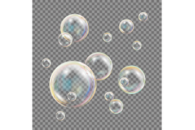 Transparent Soap Bubbles Vector. Colorful Falling Soap Bubbles. Isolated Illustration