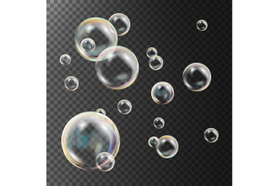 Realistic Soap Bubbles Vector. Rainbow Reflection. Aqua Wash. Isolated Illustration