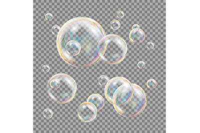 3D Soap Bubbles Transparent Vector. Sphere Ball. Water And Foam Design. Isolated Illustration