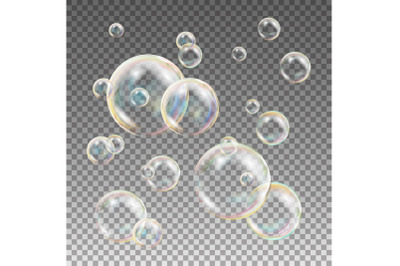 Multicolored Soap Bubbles Vector. Water And Foam Design. Rainbow Reflection Soap Bubbles. Isolated Illustration