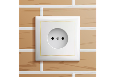 Electric Socket Vector. Modern European Plastic Electrical Outlet. Brick Wall. Realistic Illustration