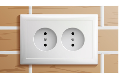 Socket Vector. Double Grounded Power Switch. Plastic Standard Panel. Brick Wall. Realistic Illustration