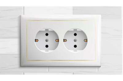 Double Grounded Socket Vector. Switch. Brick Wall. Realistic Illustration