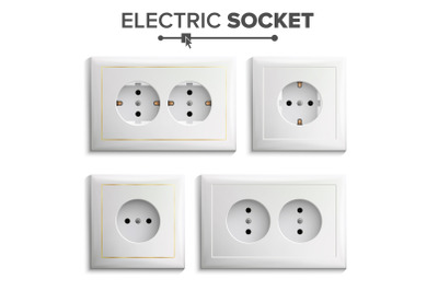 Socket Isolated Set Vector. White Double Grounded Power Switch. Plastic Panel. Electrical Outlet. Realistic Illustration