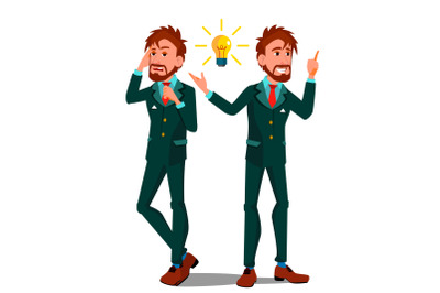 Solution Concept Vector. Businessman. Solution Of The Problem. Success Strategy. Brainstorming, Find Way Out. Great Idea. Promotion. Different Directions. Flat Cartoon Illustration