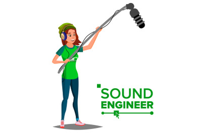 Sound Engineer Woman Vector. Professional Videography Studio. Journalist With Microphone. Isolated Cartoon Illustration