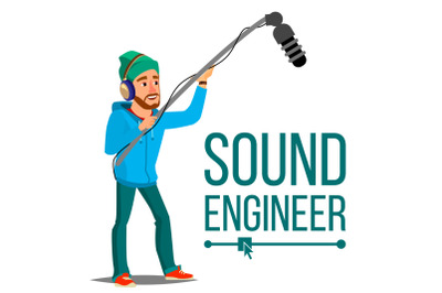 Sound Engineer Man Vector. Journalism Television Concept. Professional Videography Studio. Isolated Cartoon Illustration