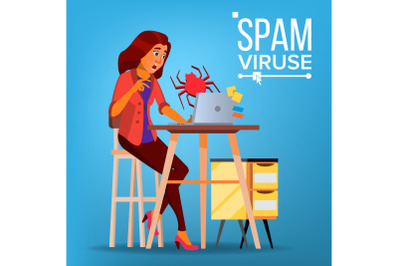 Spam Virus Concept Vector. Woman. Internet Security. Hacker Online. Data Protection. Cyber Safety. E-mail Alert. Trojan Protect. Flat Cartoon Illustration