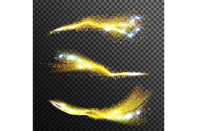 Sparkle Stardust Vector. Glowing Wave Shimmer. Bright Yellow Trail. Glittering Sequins In The Air. Isolated On Transparent Background Illustration